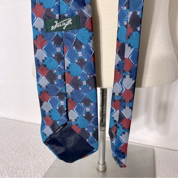 Vintage Forsyth Blue Red Square Print 100% Silk Tie - Picture 5 of 10